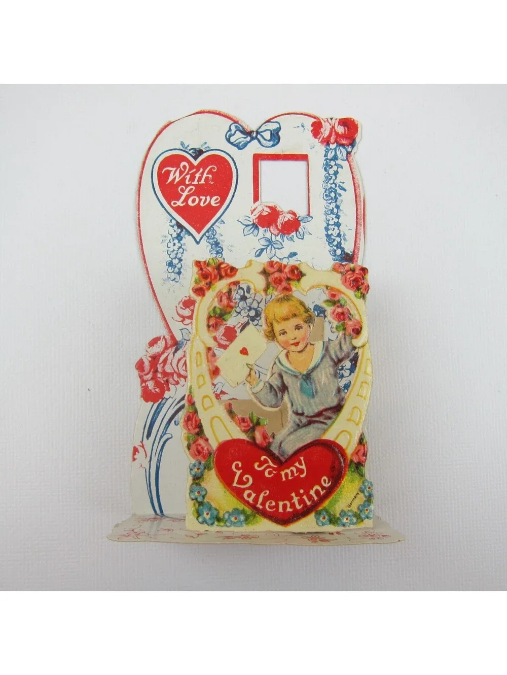 Vintage Valentine 3D Pop Up Die Cut Blonde Boy Sailor Suit Red Flowers & Hearts
